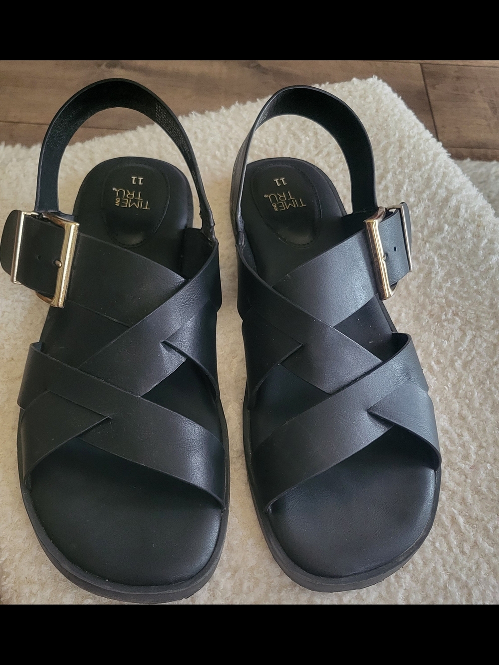 Time and Tru Black Crisscross Slingback Sandals with Gold Buckle